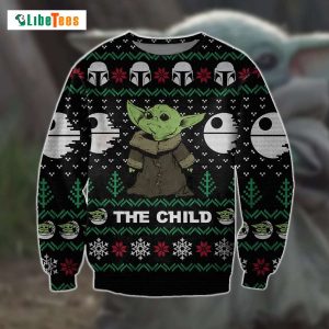The Child Mando Helmet Death Pattern Black Sweater, Star Wars Ugly Christmas Sweater