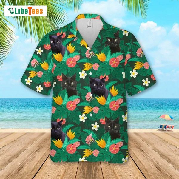 Black Cat In Floral Tropical, Cat Hawaiian Shirt