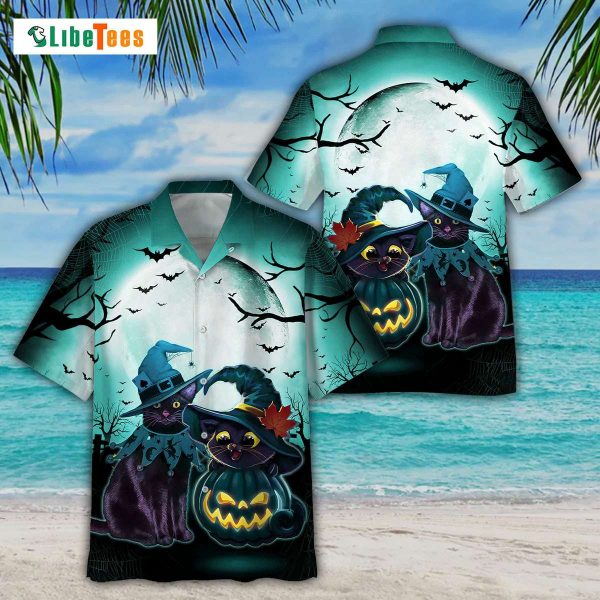 Black Cat Witch Halloween Funny Hawaiian Shirt, Cat Hawaiian Shirt