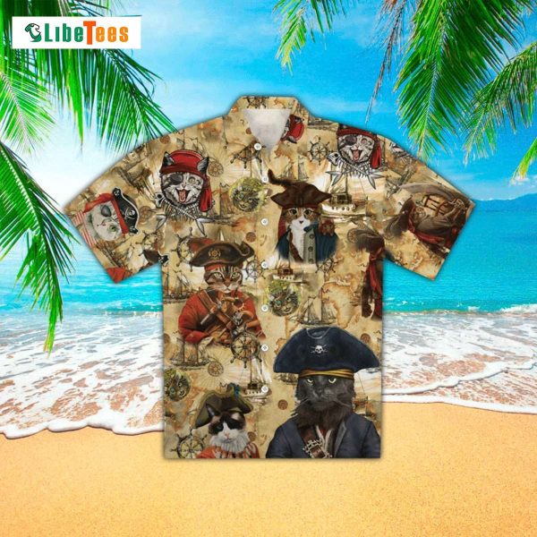 Cat Apparel, Cat Captain Hawaiian Button Up Shirt, Cat Hawaiian Shirt