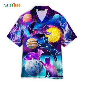 Cats Silhouette Sit Of A Bright Galaxy, Cat Hawaiian Shirt