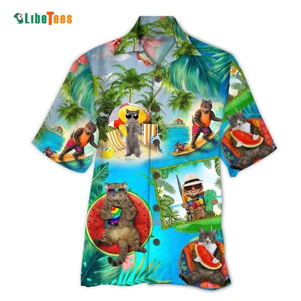 Cute Cats Wear Black Glasses On Beach, Cat Hawaiian Shirt