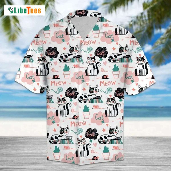 Cute Meow Cat Activities Of A Day Pattern, Cat Hawaiian Shirt