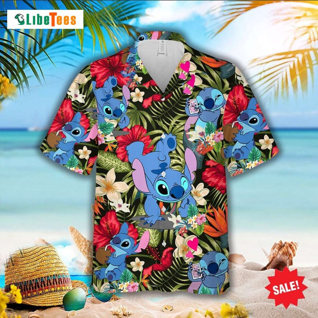 Cute Stitch In Red Hibiscus, Disney Hawaiian Shirt