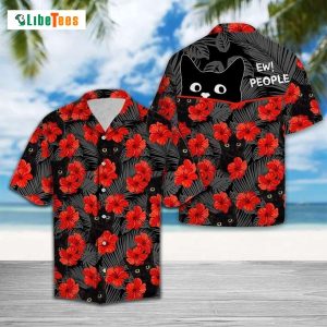 Ew People Black Cat And Red Flowers, Cat Hawaiian Shirt