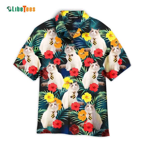 Funny White Cat Sitting Tropical Floral Pattern, Cat Hawaiian Shirt