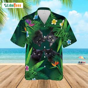 Green Floral Tropical Black Cat, Cat Hawaiian Shirt
