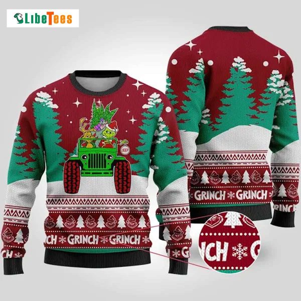 Grinch Xmas Jeep, Red Ugly Christmas Sweater