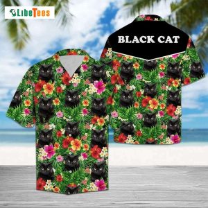 Hiding Black Cat And Flower Tropical Flower Leaves, Cat Hawaiian Shirt