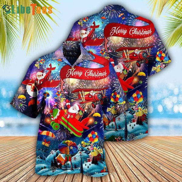 Merry Christmas Santa Airplane, Mens Christmas Hawaiian Shirt