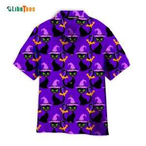Purple Hallo Cat With Witch Hat, Cat Hawaiian Shirt