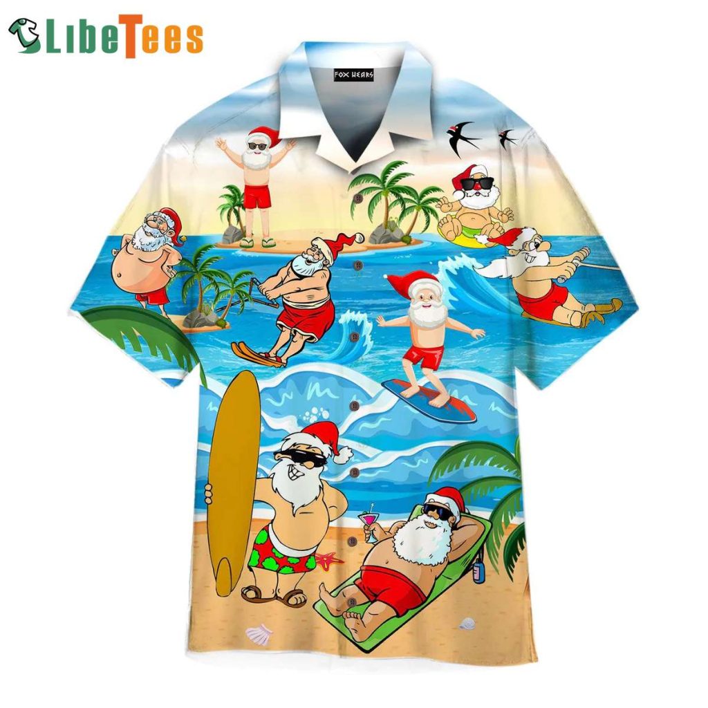 Santa Surfing On Beach, Santa Hawaiian Shirt