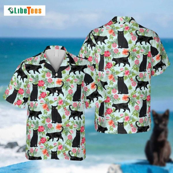 Tropical Flowers Black Cat Hawaiian Shirt