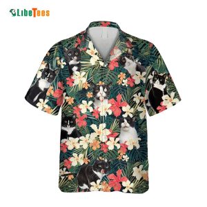 Tuxedo Cat And Tropical Plants, Cat Hawaiian Shirt