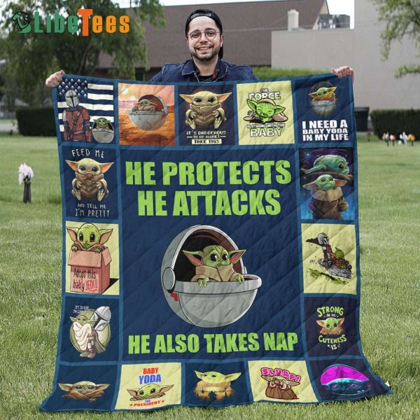 He Protects He Attacks He Also Takes Nap Star Wars Quilt Blanket, Star Wars Presents