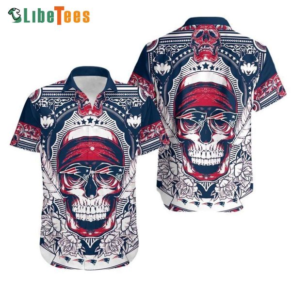 Wolves Flower Skull Patriots Hawaiian Shirt, Gifts For Patriots Fans