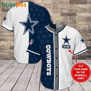 Dallas Cowboys Baseball Jersey, Custom Name Navy Blue And White, Cowboys Fans Gifts