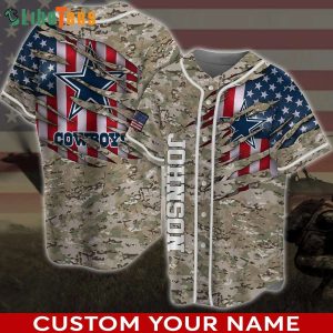 Dallas Cowboys Baseball Jersey, Personalized American Flag And Camo Pattern, Dallas Cowboys Gifts Ideas