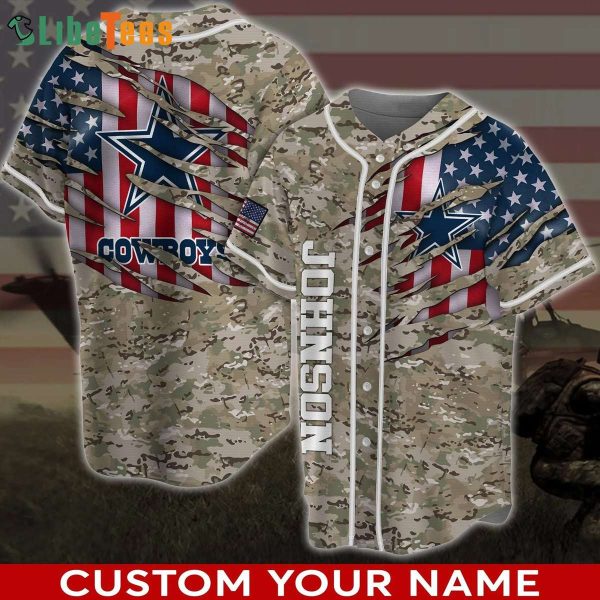 Dallas Cowboys Baseball Jersey, Personalized American Flag And Camo Pattern, Dallas Cowboys Gifts Ideas
