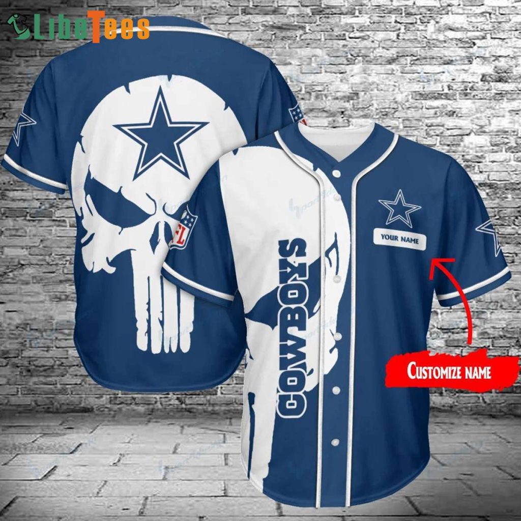 Dallas Cowboys Baseball Jersey, Personalized Cowboys Skull White And Blue, Cowboys Gifts