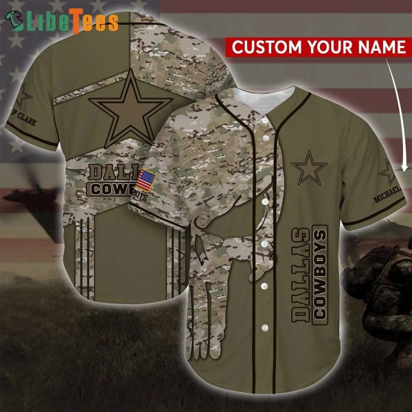 Dallas Cowboys Baseball Jersey, Personalized Skull And Camo Pattern, Dallas Cowboys Gifts Ideas