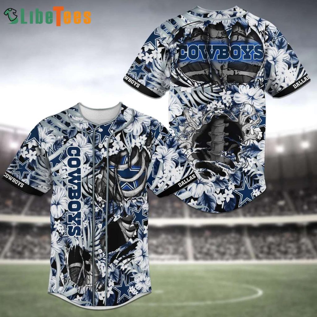 Dallas Cowboys Baseball Jersey, Skeleton And Flowers Pattern, Dallas Cowboys Gifts Ideas