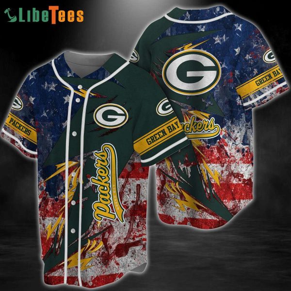 Green Bay Packers Baseball Jersey American Flag And Logo