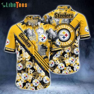 NFL Pittsburgh Steelers Logo And Flowers Pattern, Steelers Hawaiian Shirt