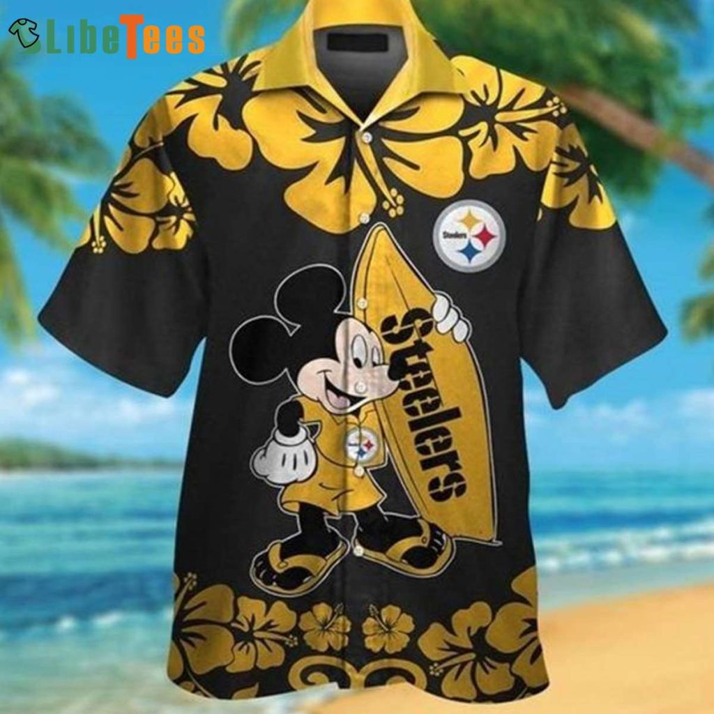 NFL Pittsburgh Steelers Logo Mickey Holding A Surfboard Steelers Hawaiian Shirt
