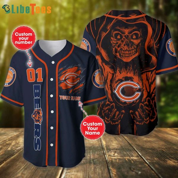 Personalized Chicago Bears Baseball Jersey Fire Skull, Chicago Bear Gift Ideas