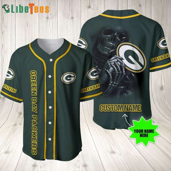 Personalized Green Bay Packers Baseball Jersey Skull Holds Logo