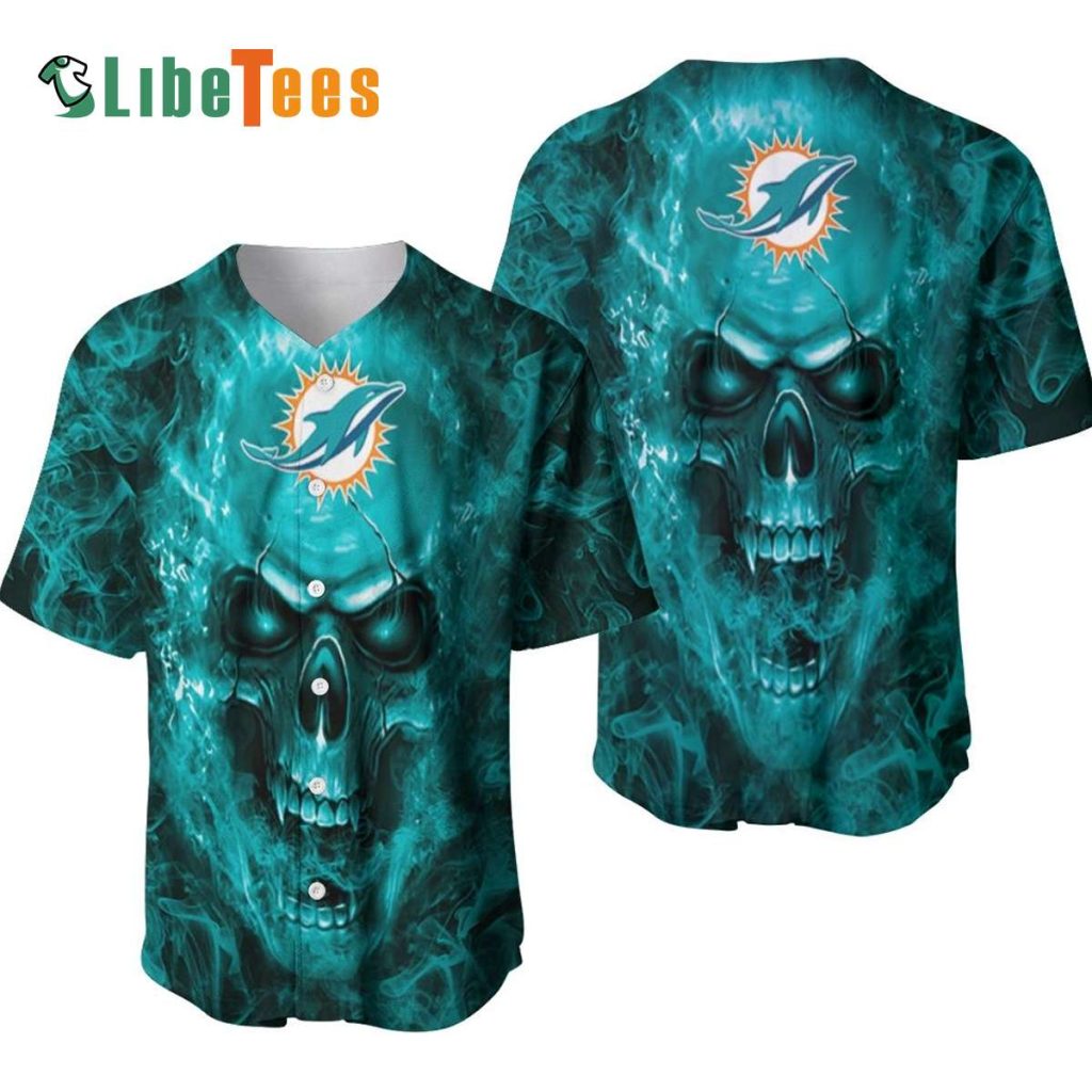 Miami Dolphins Baseball Jersey, Skull In Flame