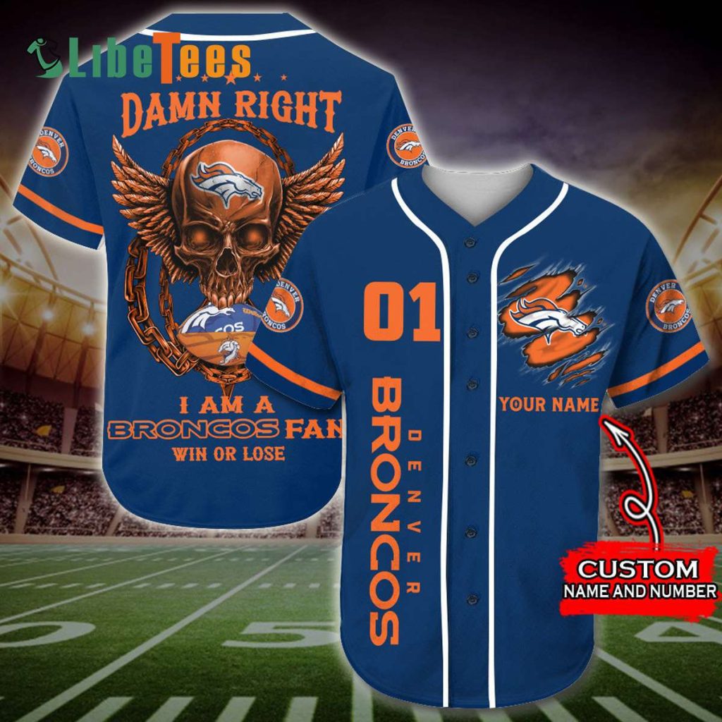 Personalized Denver Broncos Baseball Jersey, Golden Skull Damn Right