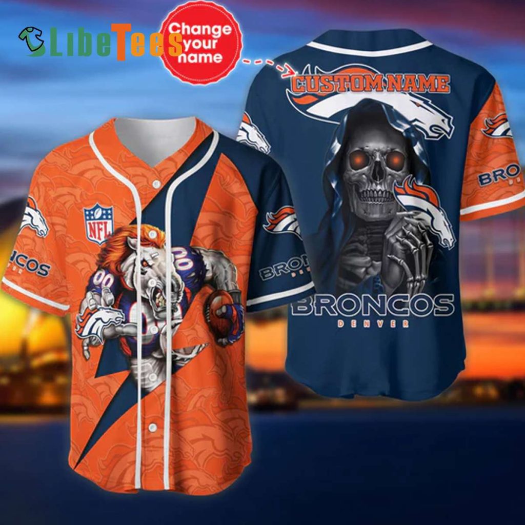 Personalized Denver Broncos Baseball Jersey, Mascot And Skull