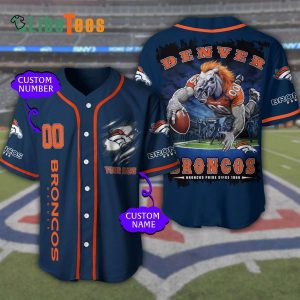 Personalized Denver Broncos Baseball Jersey, Mascot Plays Rubgy