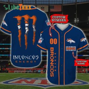 Personalized Denver Broncos Baseball Jersey, Monster Energy