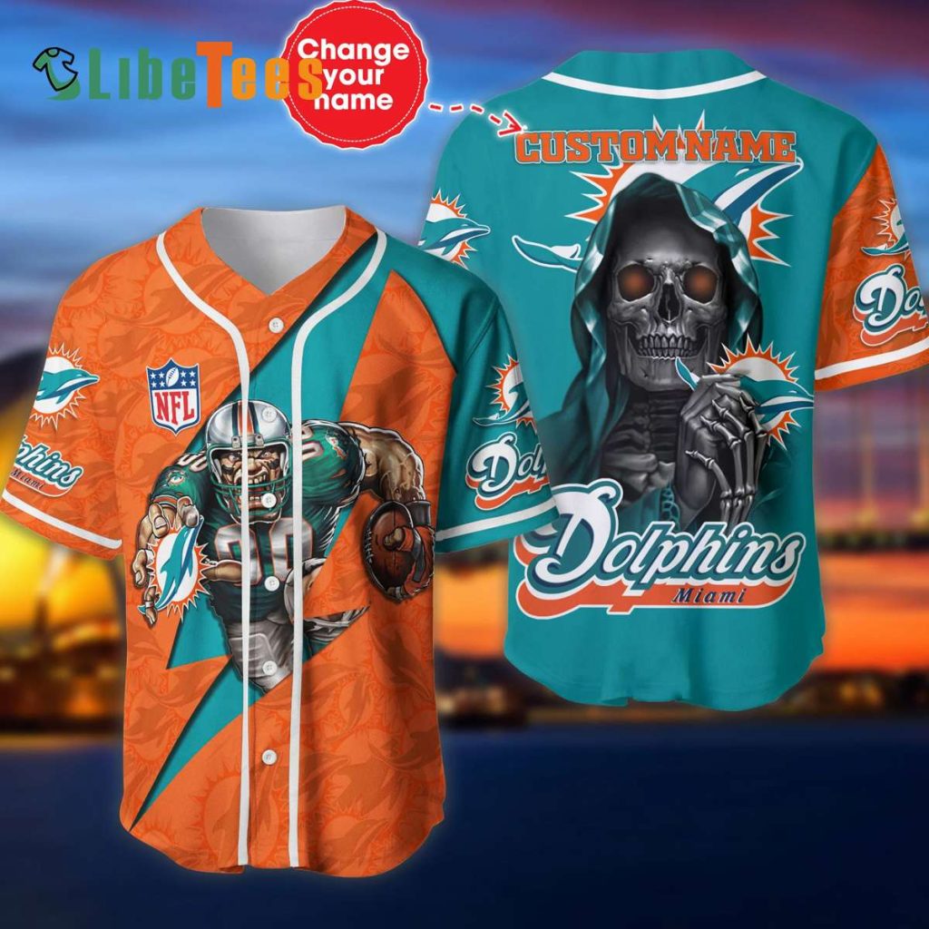 Personalized Miami Dolphins Baseball Jersey, Mascot And Skull Graphic