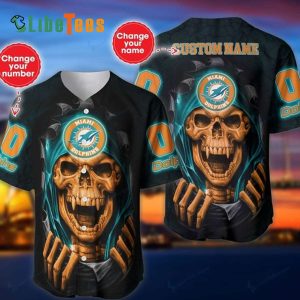Personalized Miami Dolphins Baseball Jersey, Skull And Logo Graphic