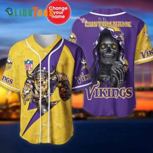 Personalized Minnesota Vikings Baseball Jersey, Fathead Mascot And Skull