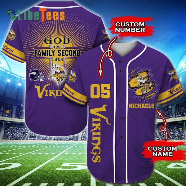 Personalized Minnesota Vikings Baseball Jersey, God First Family Second