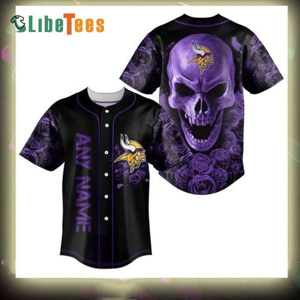 Personalized Minnesota Vikings Baseball Jersey, Skull And Roses