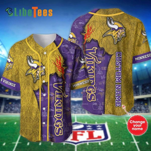 Personalized Minnesota Vikings Baseball Jersey, Yellow Purple Logo Graphic