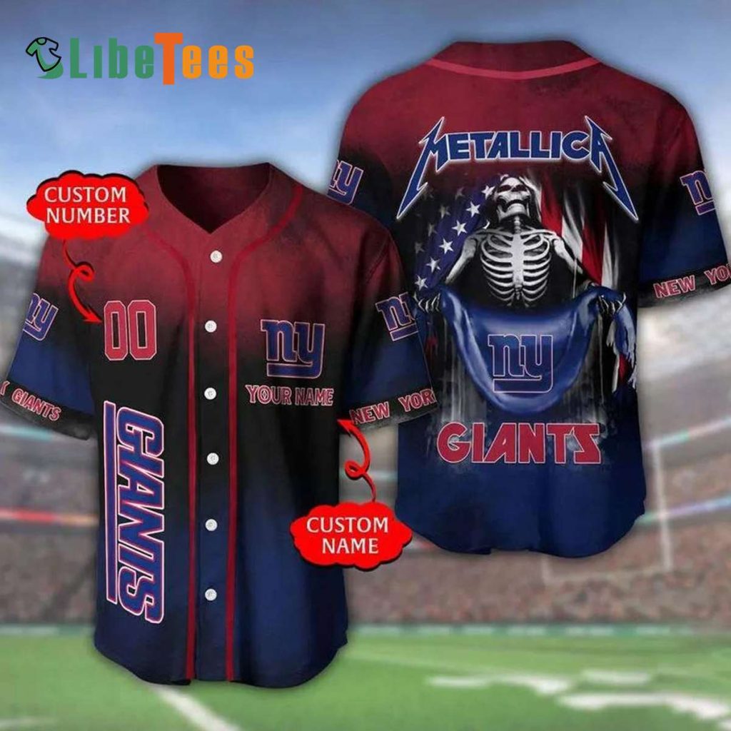 Personalized New York Giants Baseball Jersey, America Flag And Skellington