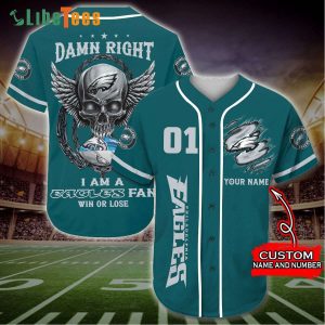 Personalized Philadelphia Eagles Baseball Jersey Skull Damn Right