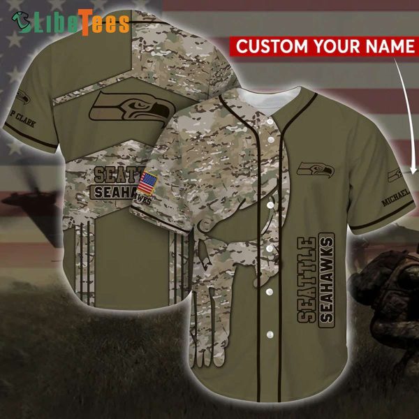 Custom Name Seattle Seahawks Baseball Jersey Camo Pattern Skull