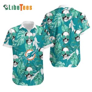 Miami Dolphins Hawaiian Shirt, Coconut Leaves And Skulls, Tropical Hawaiian Shirt