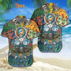 Miami Dolphins Hawaiian Shirt, Colorful Skull Graphic, Tropical Hawaiian Shirt