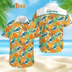 Miami Dolphins Hawaiian Shirt, Leaves Pattern, Button Down Hawaiian Shirt