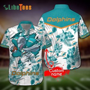 Miami Dolphins Hawaiian Shirt, Mascot Graphic, Tropical Hawaiian Shirt