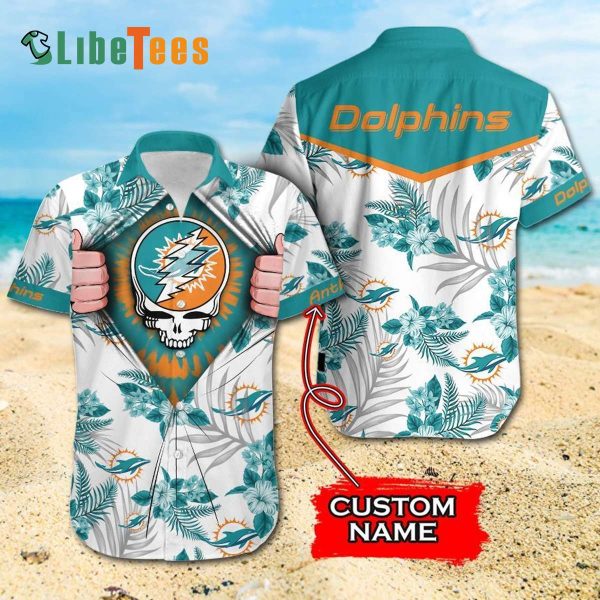 Miami Dolphins Hawaiian Shirt, Skull Graphic, Tropical Hawaiian Shirt